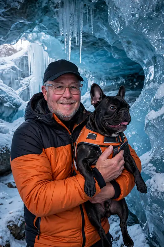 Harry hält Buddy in oranger Weste im Arm, im Hintergrund eine Eishöhle